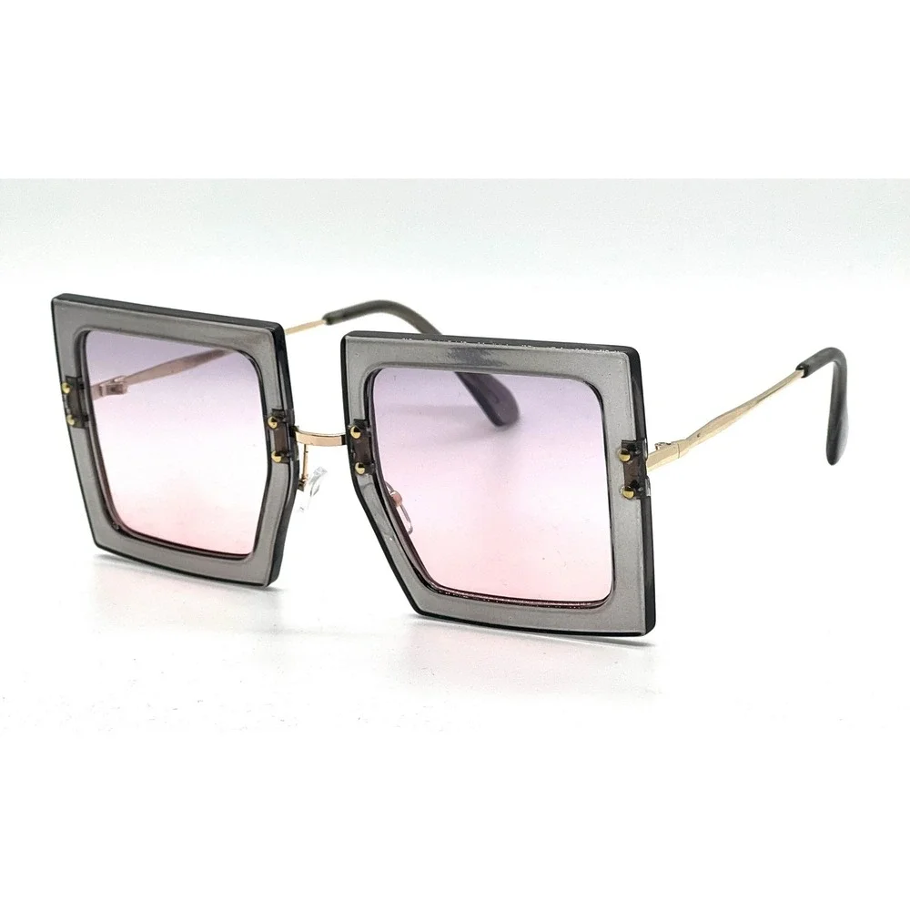 Womens Oversized Square Sunglasses Grey Gradient Purple Pink Lens Gold Metal New